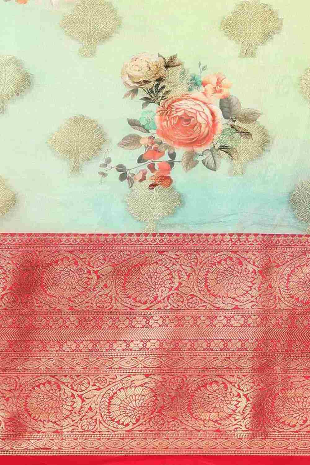 Buy Green Soft Art Silk Floral Printed Banarasi Saree Online - Back 