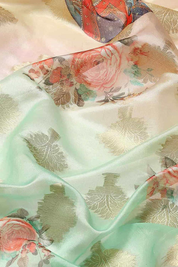 Buy Green Soft Art Silk Floral Printed Banarasi Saree Online - Zoom Out 
