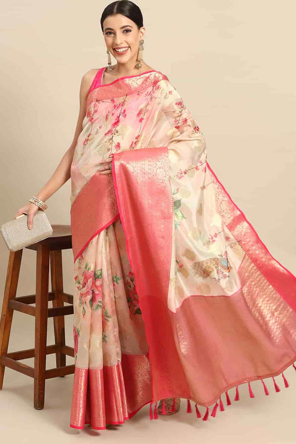 Buy Pink Soft Art Silk Floral Printed Banarasi Saree Online - Front 