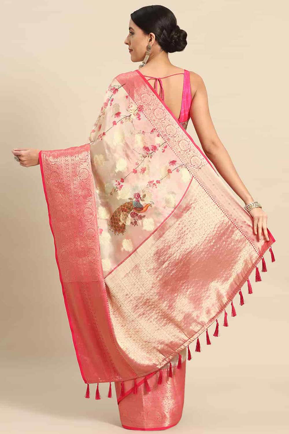 Buy Pink Soft Art Silk Floral Printed Banarasi Saree Online - Back 