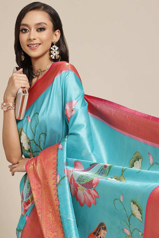 Buy Teal Soft Art Silk Floral Printed Banarasi One Minute Saree Online 