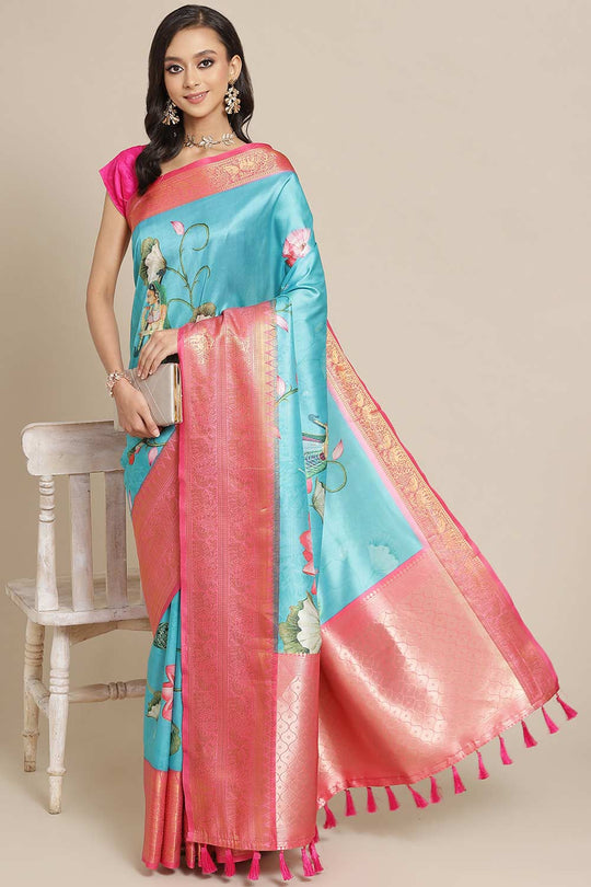Buy Teal Soft Art Silk Floral Printed Banarasi Saree Online - Front 