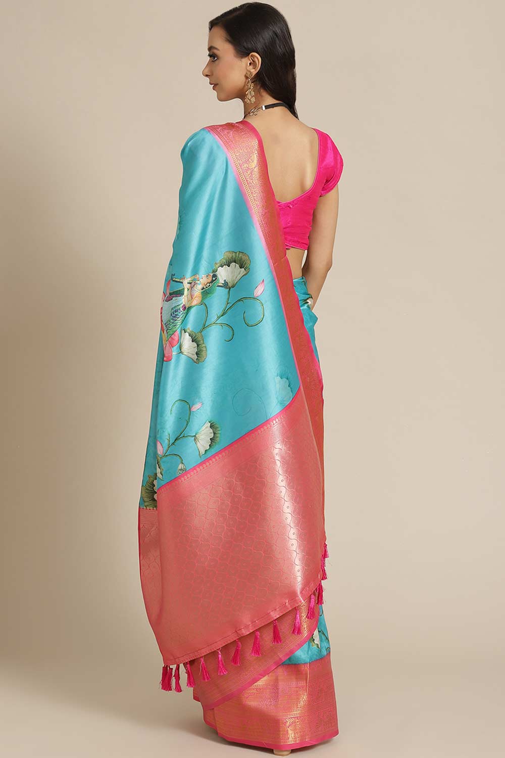 Buy Teal Soft Art Silk Floral Printed Banarasi Saree Online - Back 