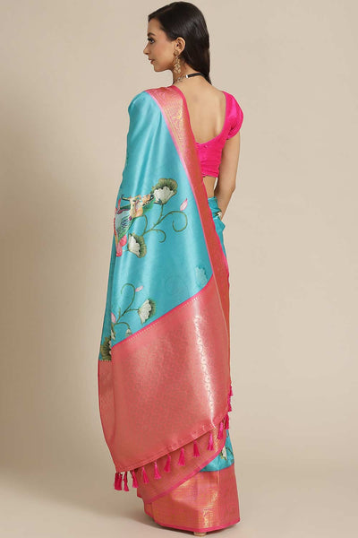 Buy Teal Soft Art Silk Floral Printed Banarasi Saree Online - Back 