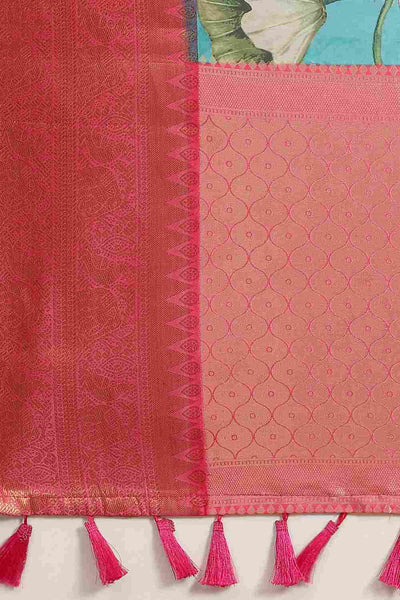 Buy Teal Soft Art Silk Floral Printed Banarasi Saree Online - Zoom Out 