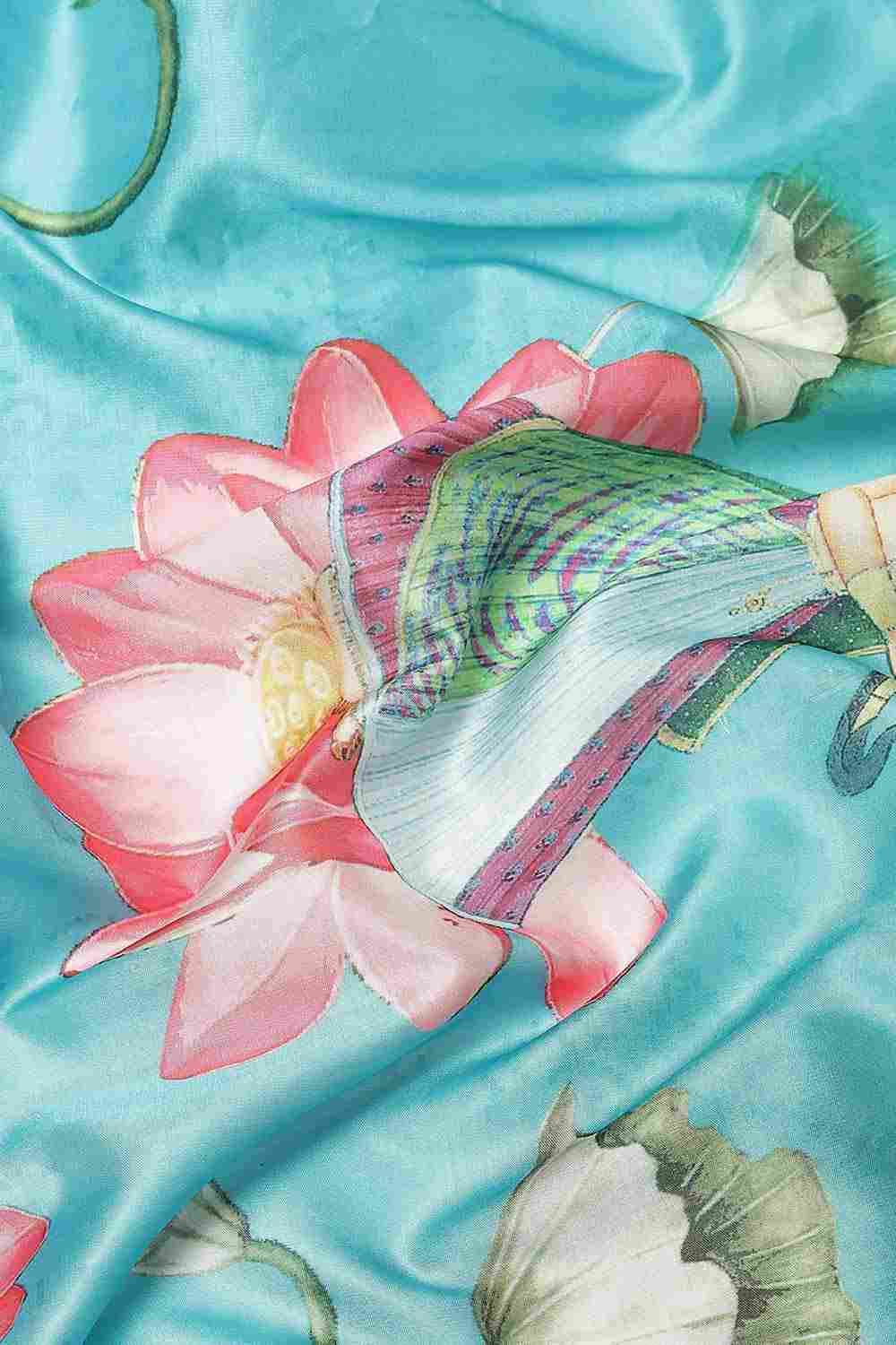 Buy Teal Soft Art Silk Floral Printed Banarasi Saree Online - Side 