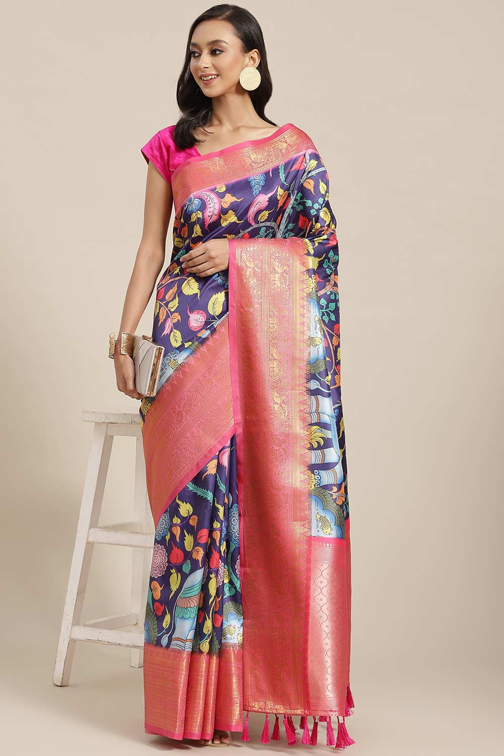 Buy Navy Blue Soft Art Silk Floral Printed Banarasi One Minute Saree Online 