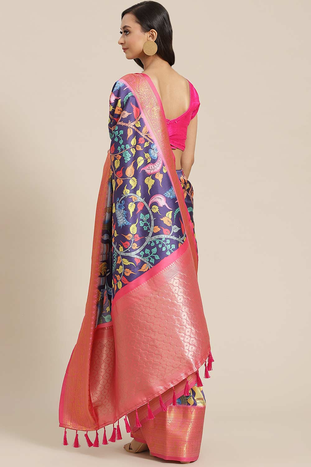 Buy Navy Blue Soft Art Silk Floral Printed Banarasi Saree Online - Front 