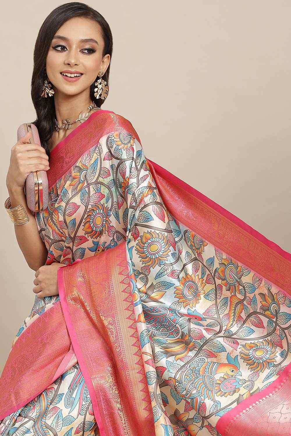 Buy Beige Soft Art Silk Floral Printed Banarasi One Minute Saree Online 