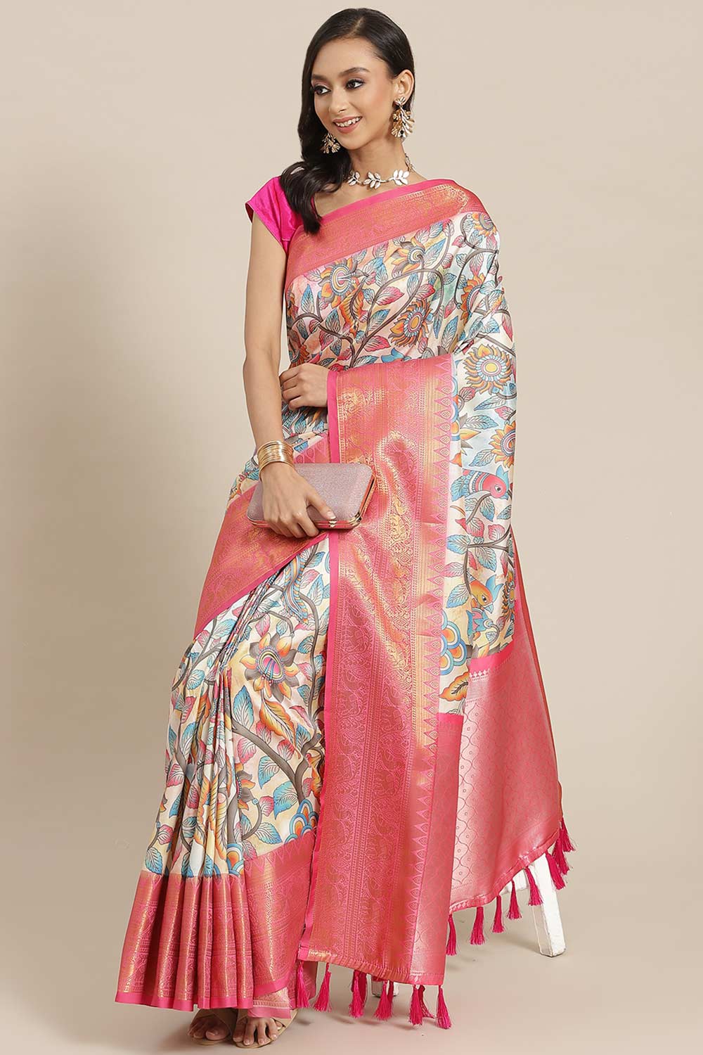 Buy Beige Soft Art Silk Floral Printed Banarasi Saree Online - Front 