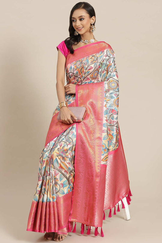 Buy Beige Soft Art Silk Floral Printed Banarasi Saree Online - Front 