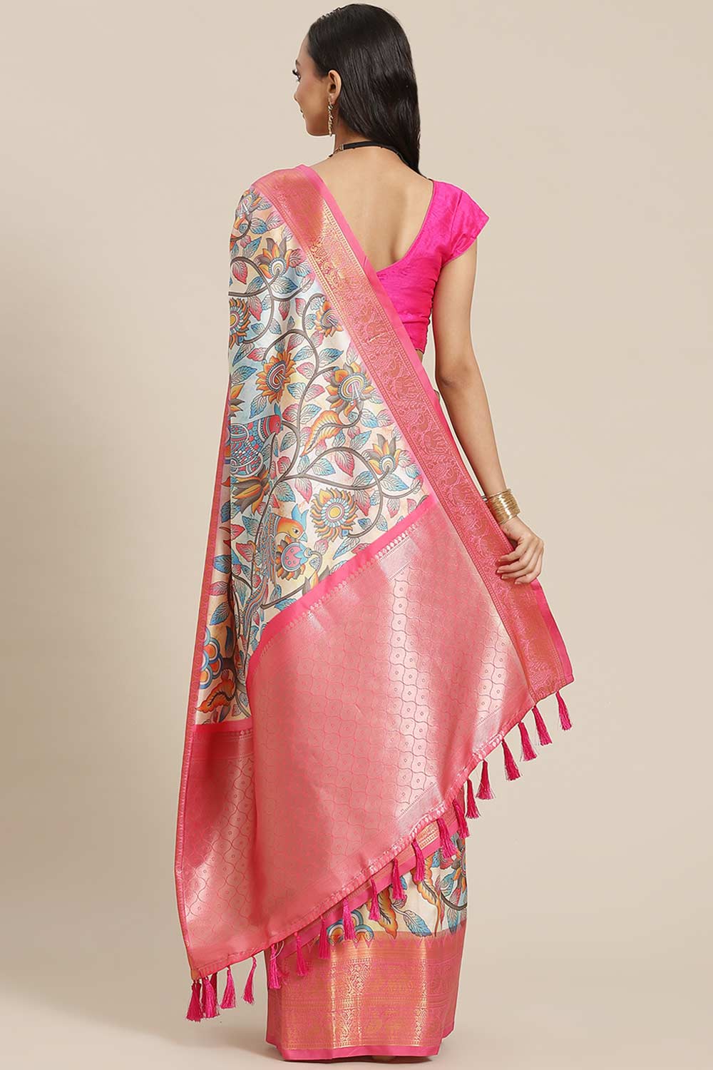 Buy Beige Soft Art Silk Floral Printed Banarasi Saree Online - Back 