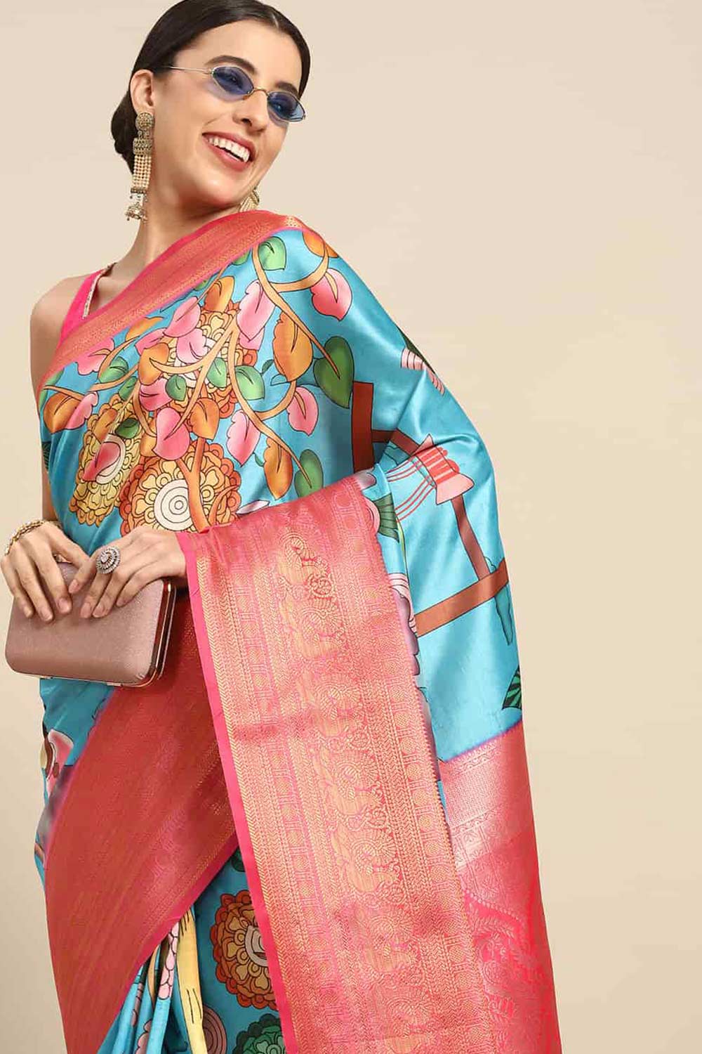 Buy Blue Soft Art Silk Kalamkari Printed Banarasi One Minute Saree Online 