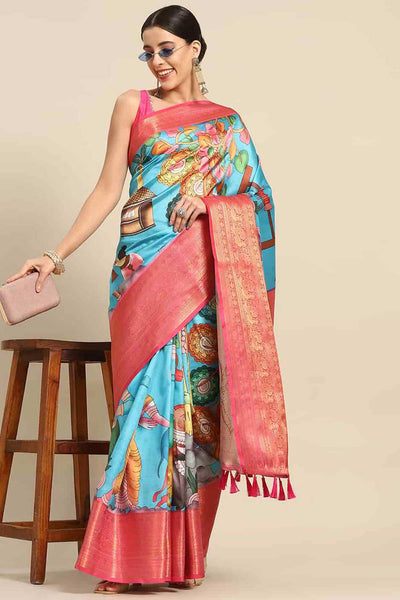 Buy Blue Soft Art Silk Kalamkari Printed Banarasi Saree Online - Front 