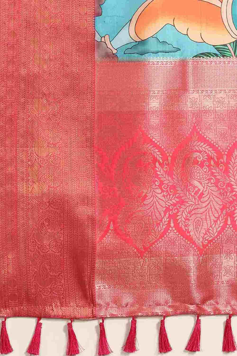 Buy Blue Soft Art Silk Kalamkari Printed Banarasi Saree Online - Zoom Out 