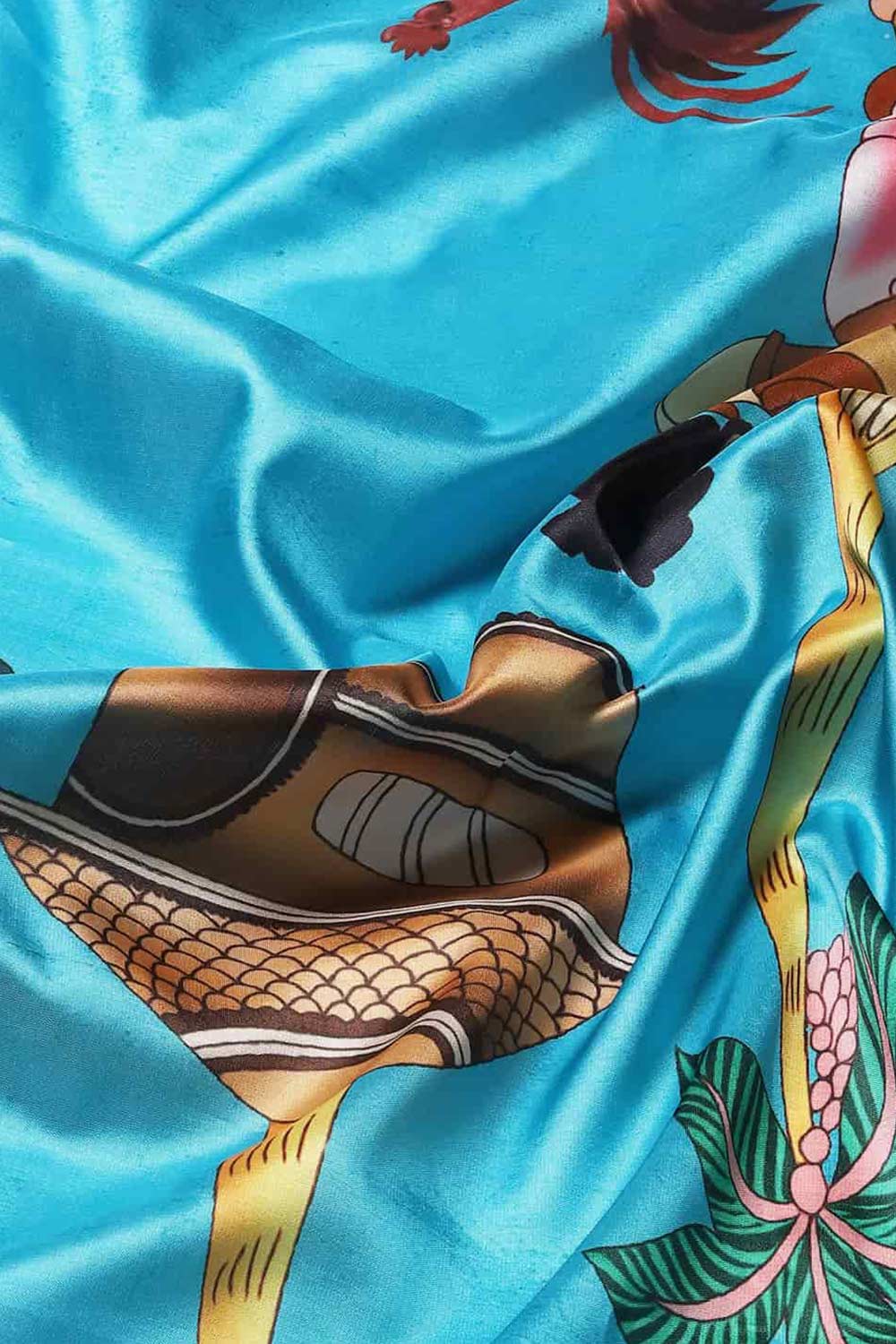 Buy Blue Soft Art Silk Kalamkari Printed Banarasi Saree Online - Side 