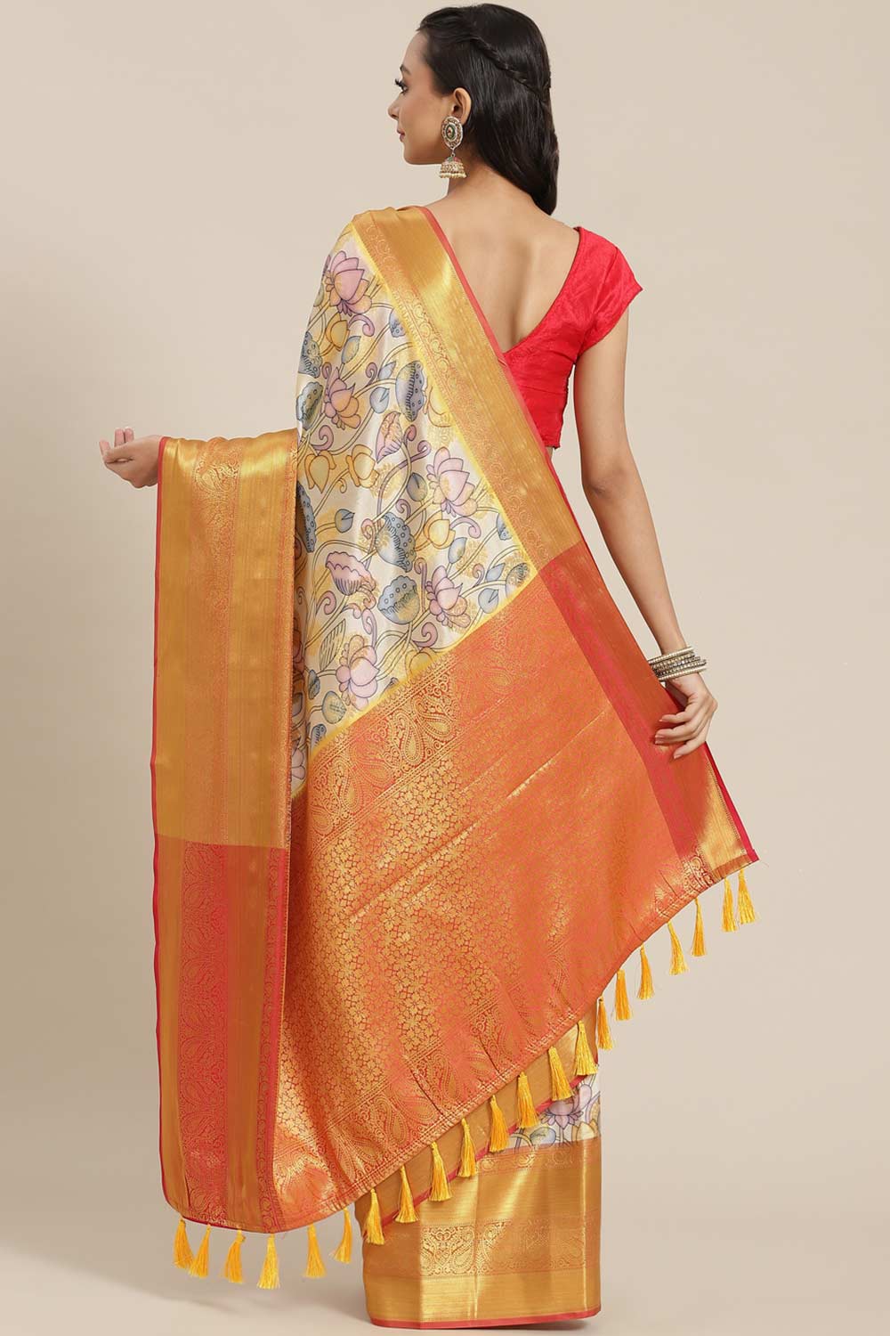 Buy Beige Soft Art Silk Floral Printed Banarasi Saree Online - Back 