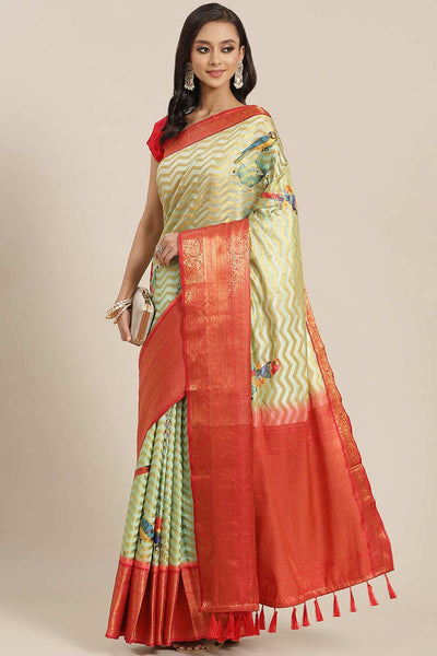Buy Green Soft Art Silk Floral Printed Banarasi One Minute Saree Online 