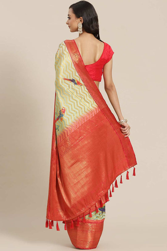 Buy Green Soft Art Silk Floral Printed Banarasi Saree Online - Front 