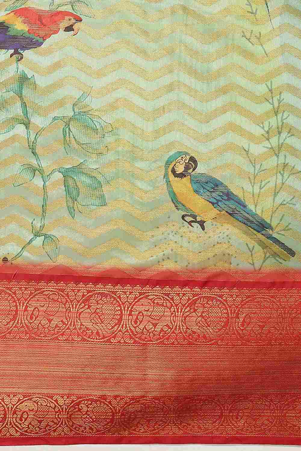 Buy Green Soft Art Silk Floral Printed Banarasi Saree Online - Back 