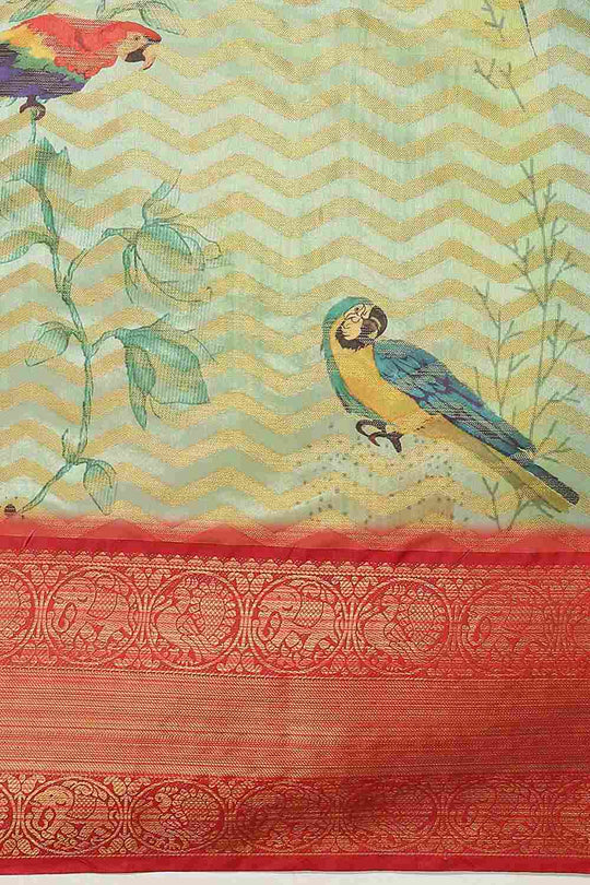 Buy Green Soft Art Silk Floral Printed Banarasi Saree Online - Back 