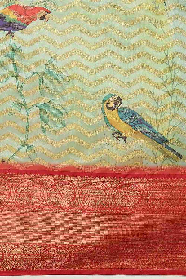 Buy Green Soft Art Silk Floral Printed Banarasi Saree Online - Back 