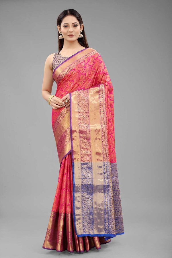 Buy Pink Art Silk Leaf Printed Banarasi One Minute Saree Online 