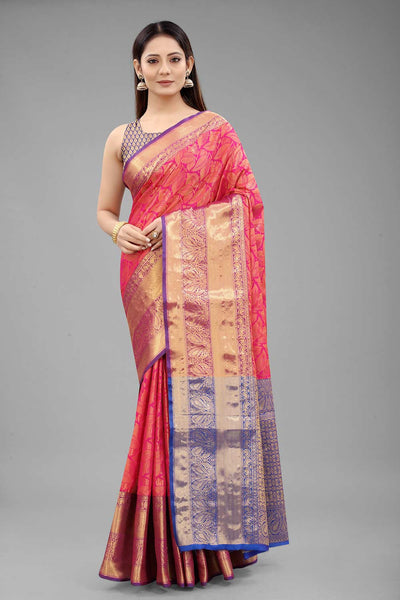 Buy Pink Art Silk Leaf Printed Banarasi One Minute Saree Online 