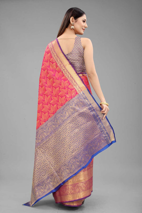 Buy Pink Art Silk Leaf Printed Banarasi Saree Online - Front 