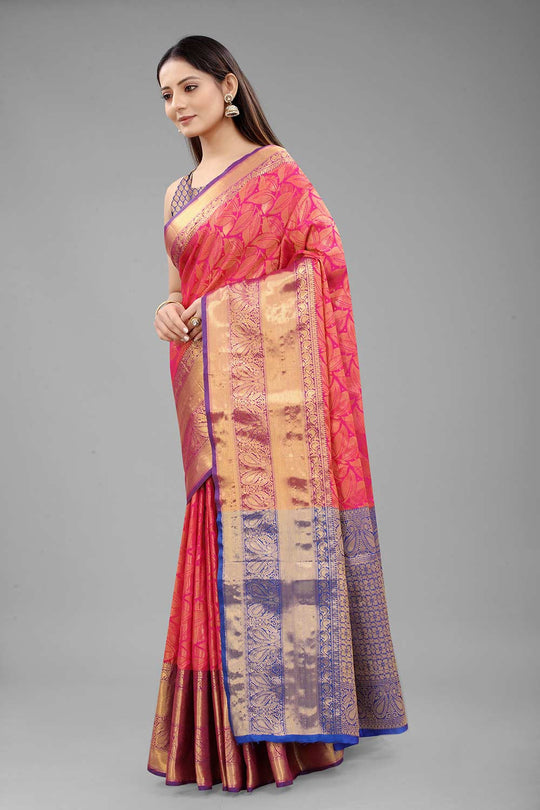 Buy Pink Art Silk Leaf Printed Banarasi Saree Online - Back 