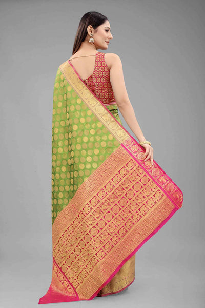 Buy Green Art Silk Polka Dot Banarasi Saree Online - Front 