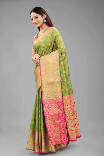 Buy Green Art Silk Polka Dot Banarasi Saree Online - Back 
