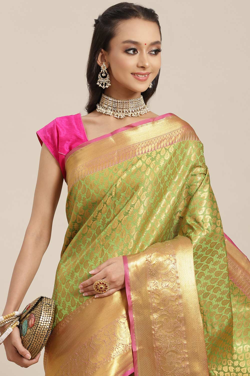 Buy Green Soft Art Silk Floral Printed Banarasi One Minute Saree Online 