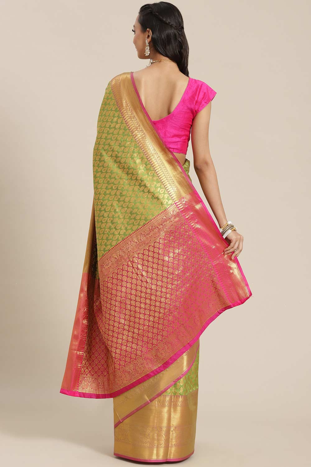 Buy Green Soft Art Silk Floral Printed Banarasi Saree Online - Back 