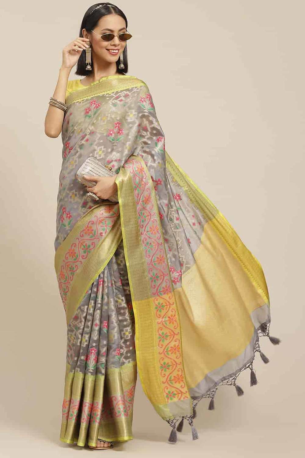 Buy Grey Art Silk Ikat Ikkat One Minute Saree Online 