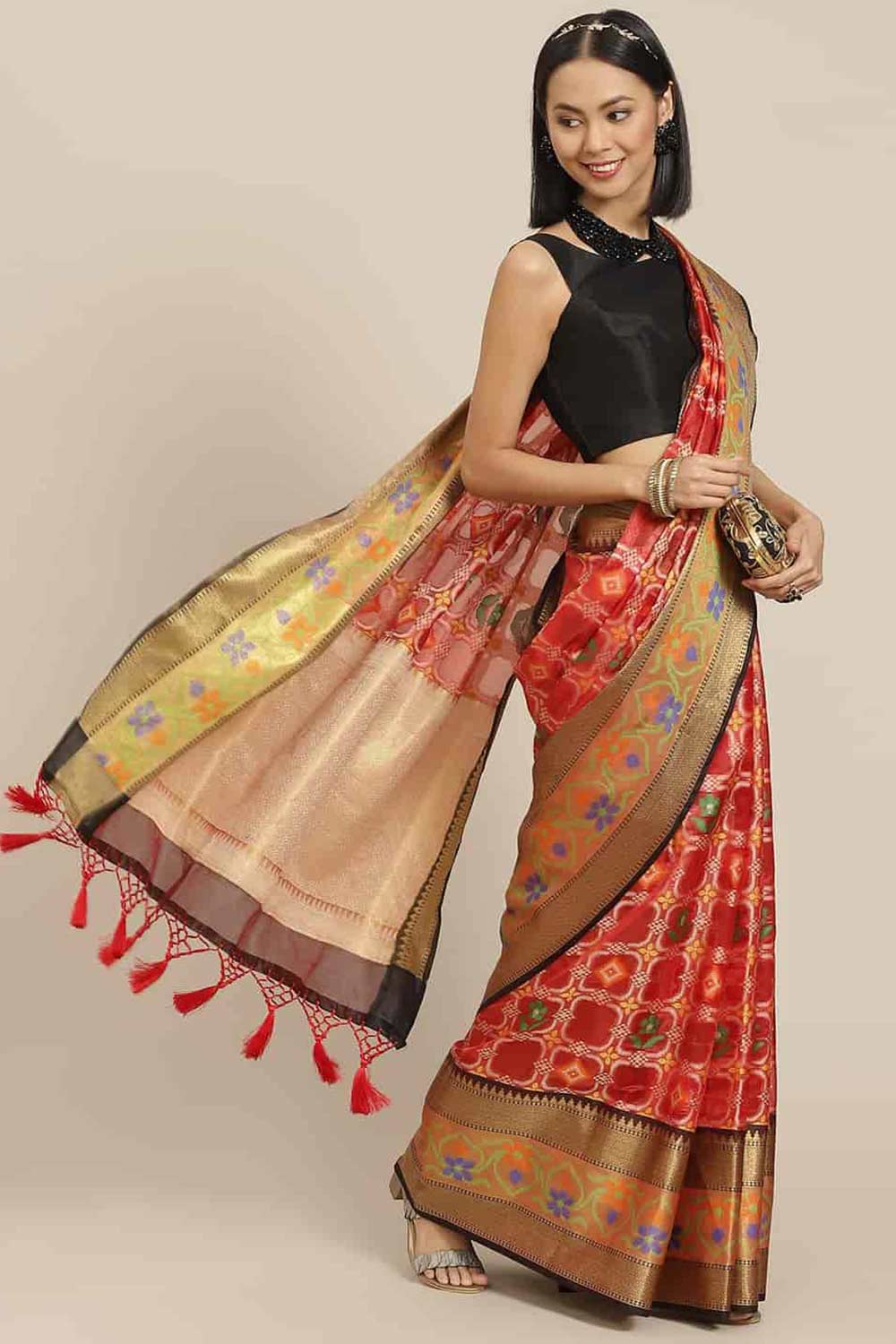 Buy Red Art Silk Ikat Ikkat One Minute Saree Online 