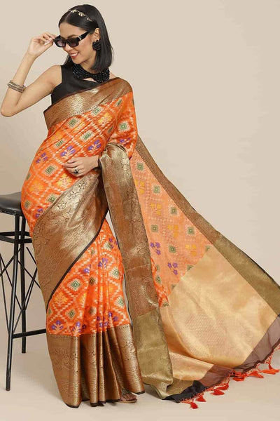Buy Orange Art Silk Ikat Ikkat One Minute Saree Online 