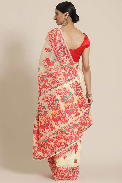 Buy Beige Cotton Floral Jamdani Saree Online - Back 
