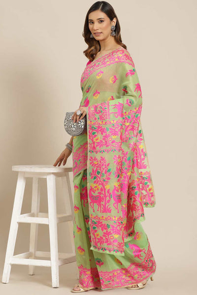Buy Green Cotton Floral Jamdani Saree Online - Front 