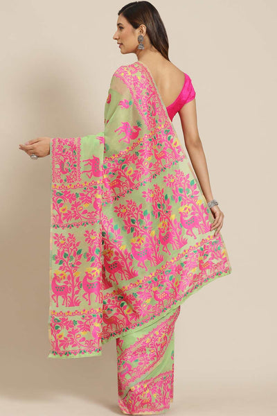 Buy Green Cotton Floral Jamdani Saree Online - Back 