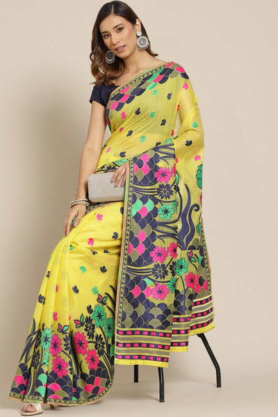 Buy Yellow Cotton Floral Jamdani Saree Online - Front 