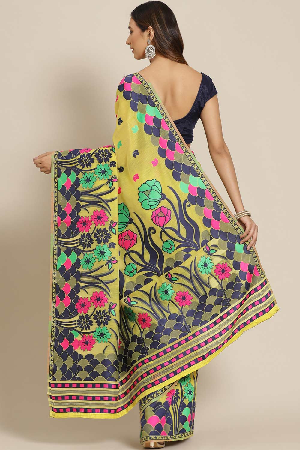 Buy Yellow Cotton Floral Jamdani Saree Online - Back 