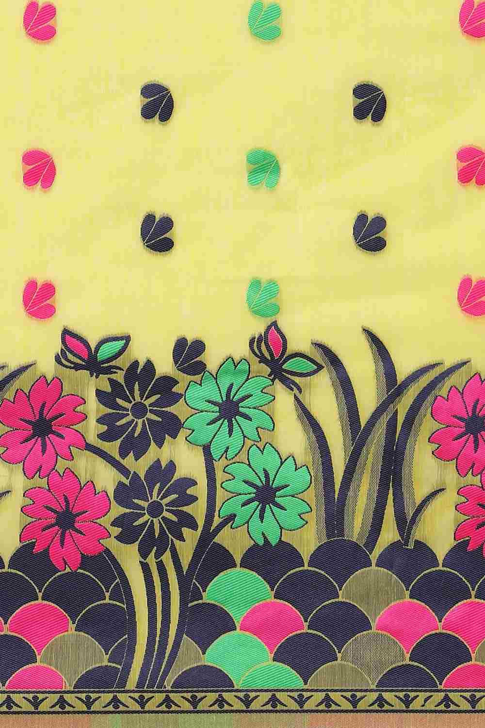 Buy Yellow Cotton Floral Jamdani Saree Online - Zoom In 