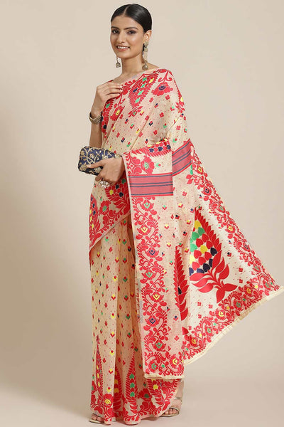 Buy Beige Cotton Floral Jamdani Saree Online - Front 