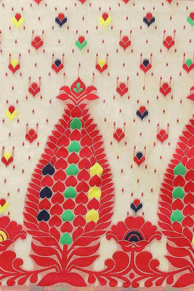 Buy Beige Cotton Floral Jamdani Saree Online - Zoom In 
