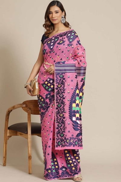 Buy Pink Cotton Floral Jamdani Saree Online - Front 
