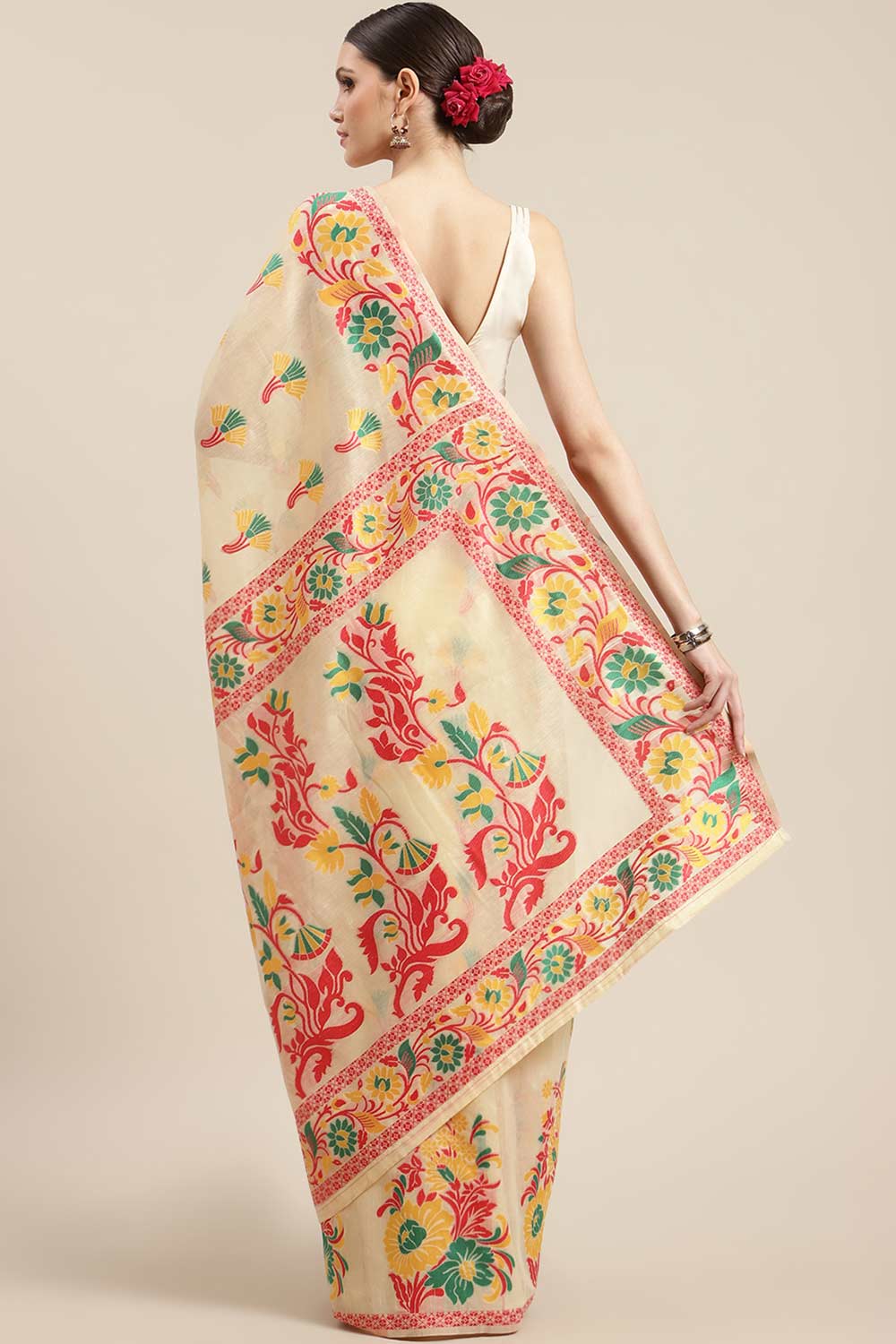 Buy Beige Cotton Floral Jamdani Saree Online - Front 