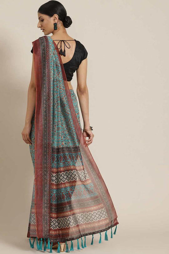 Buy Teal Cotton Block Printed Saree Online - Front 