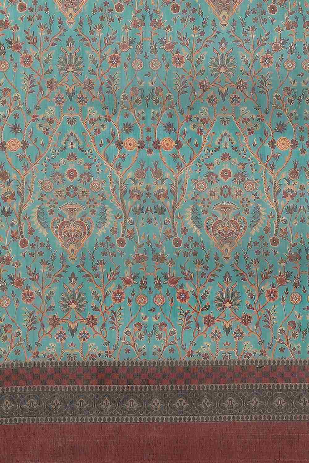 Buy Teal Cotton Block Printed Saree Online - Back 