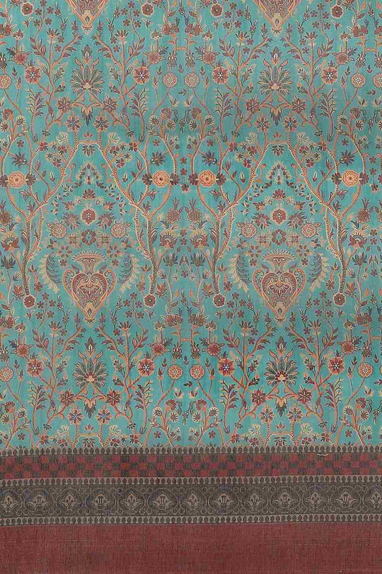 Buy Teal Cotton Block Printed Saree Online - Back 